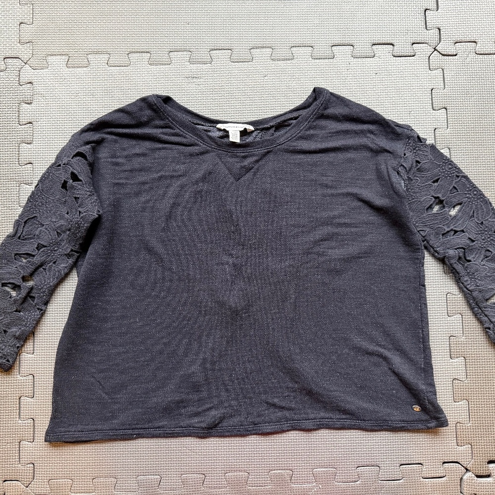 American Eagle Black Open Back Top with Floral Lace Sleeves
